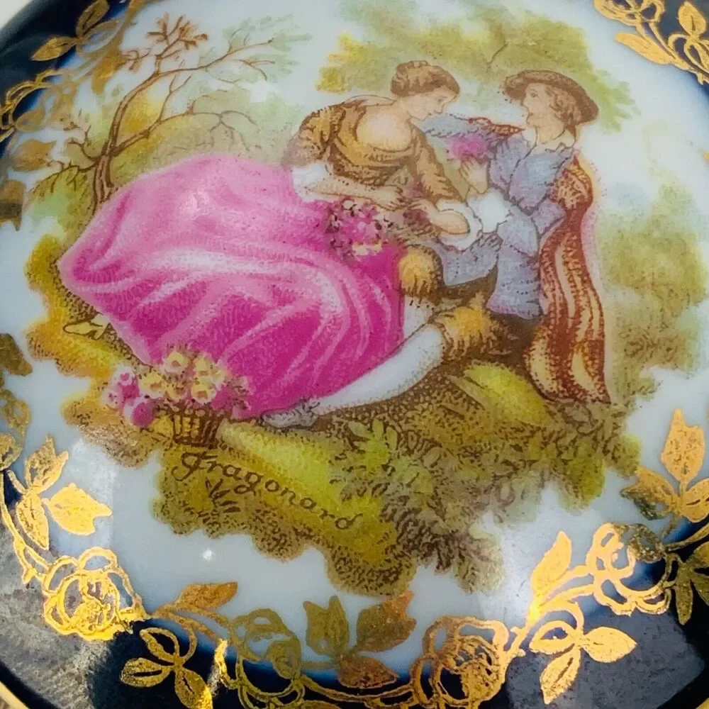 Limoges France Fragonard Courting Couple Trinket Box Blue Gold 2.5